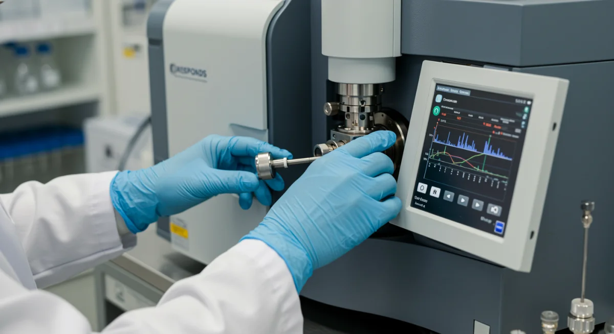 Scientist operating a mass spectrometer for precise product testing and regulatory analysis.