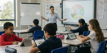 Students learning with AI in a modern K-12 US classroom