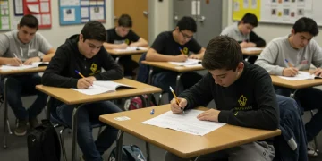 Students taking a standardized test in a modern classroom setting, focused on their assessments.