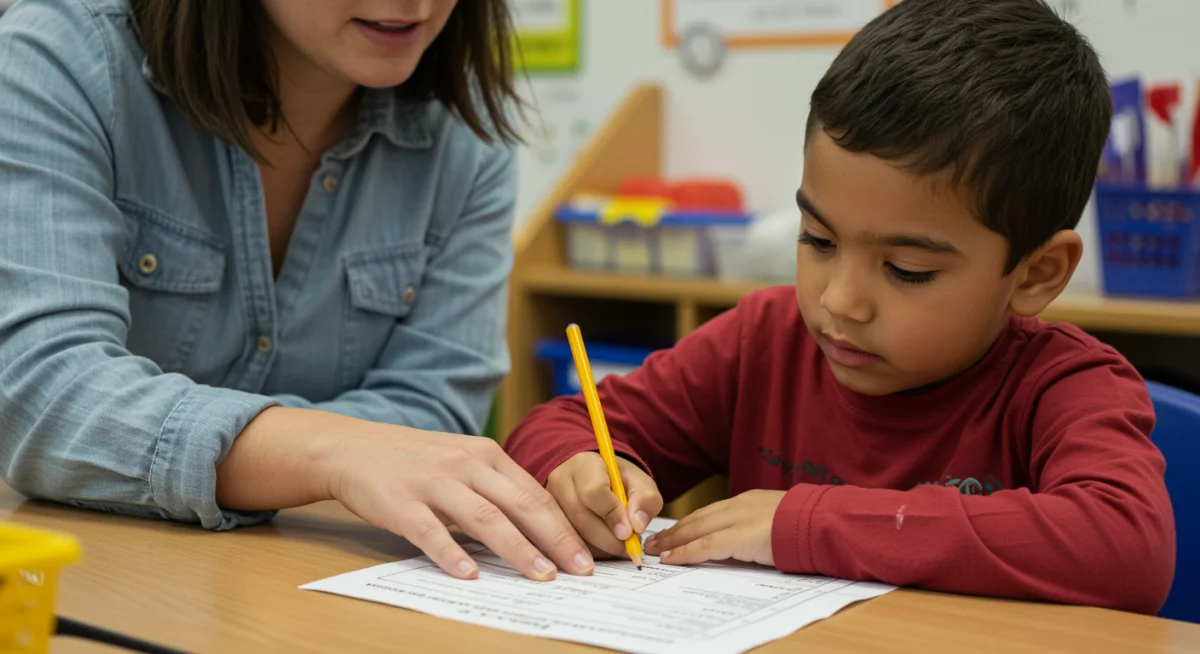 Teacher assisting student with an individualized learning activity, focusing on IEP goals.