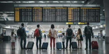 Travelers at airport checking new federal advisories for 2025