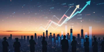 Futuristic city with economic graphs, symbolizing 2025 US GDP growth forecast.