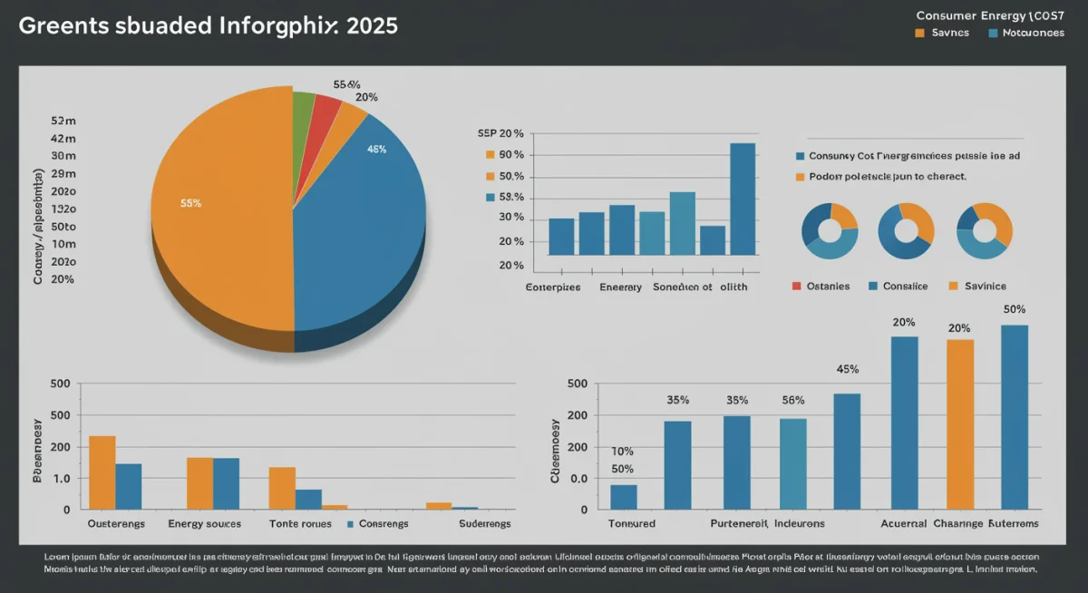 Infographic detailing current and projected US energy mix for 2025, showing renewable energy growth and consumer cost trends.
