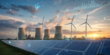 Illustration of US energy policy shifts, showing renewable technologies like solar and wind alongside traditional power plants, symbolizing a national energy transition.