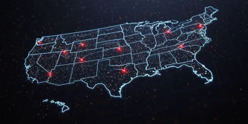 Digital map of US power grid showing highlighted vulnerabilities