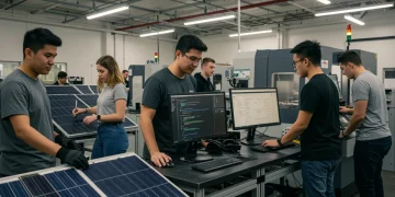 Students learning vocational skills in renewable energy, cybersecurity, and advanced manufacturing.
