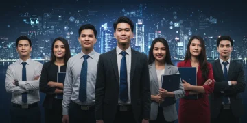 Recent graduates confidently looking towards a futuristic city, symbolizing job market opportunities.
