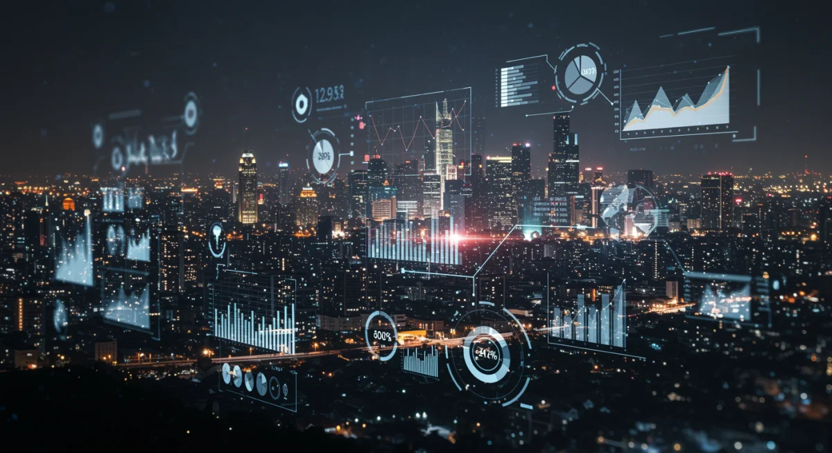 Data analytics dashboard with glowing charts and graphs, representing AI and data science impact.