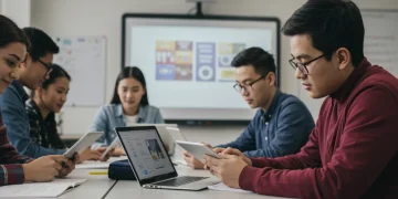 Students engaged in a modern, technology-rich blended learning classroom environment