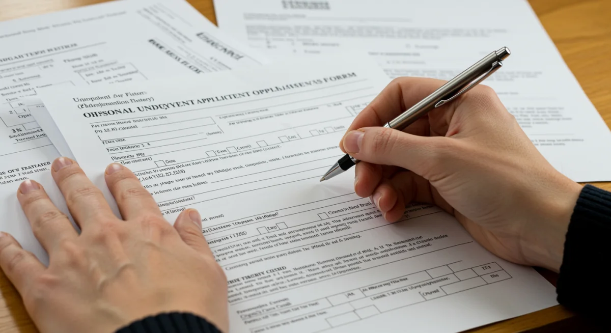Hands filling out unemployment benefits application form