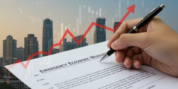Financial graph showing inflation spike and document outlining emergency economic measures