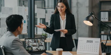 Woman negotiating remote work with manager for 2025