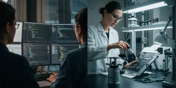 Software tester debugging code on a monitor next to a person inspecting a physical product in a lab
