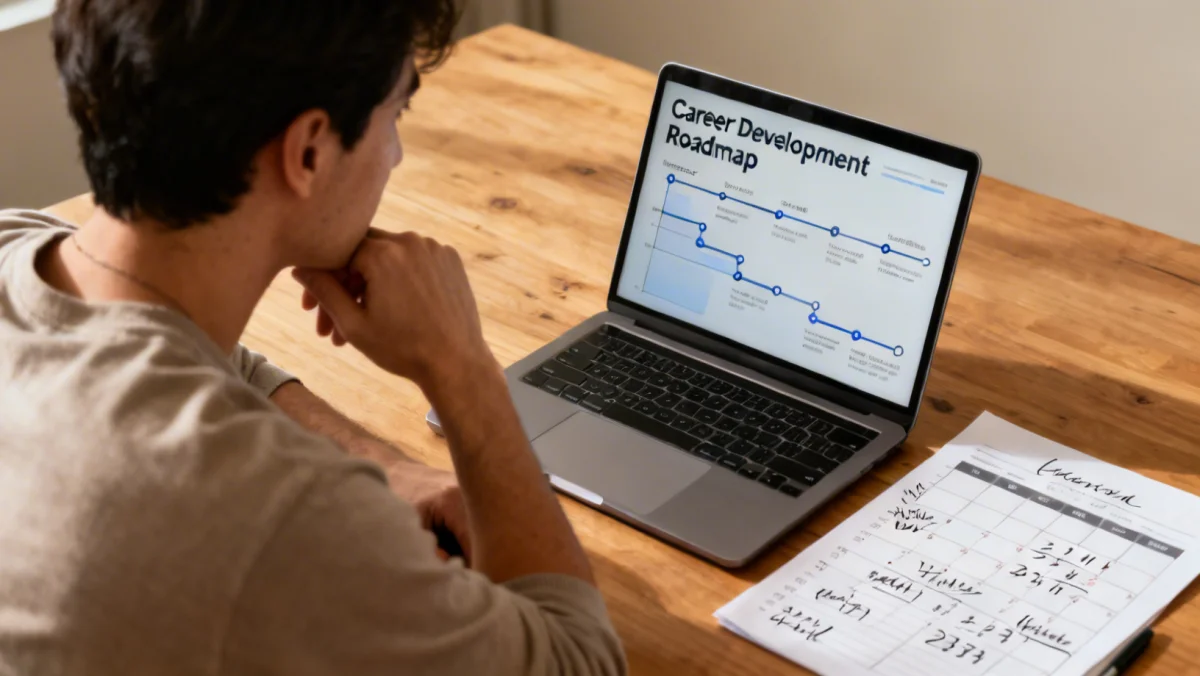 Person planning career development on a laptop with a calendar.