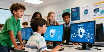 K-12 students learning cybersecurity concepts in a classroom