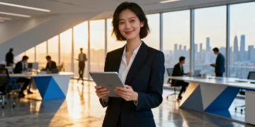 Professional woman confidently showcasing her personal brand in a modern office setting.