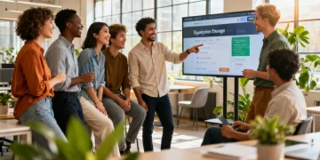 Professionals collaborating in a modern office, symbolizing new career opportunities and teamwork.