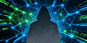 Digital network with hacker silhouette, symbolizing cyber espionage threats to national security.