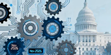 Illustration of AI infrastructure with US Capitol, symbolizing federal AI regulation implementation by November 2026.