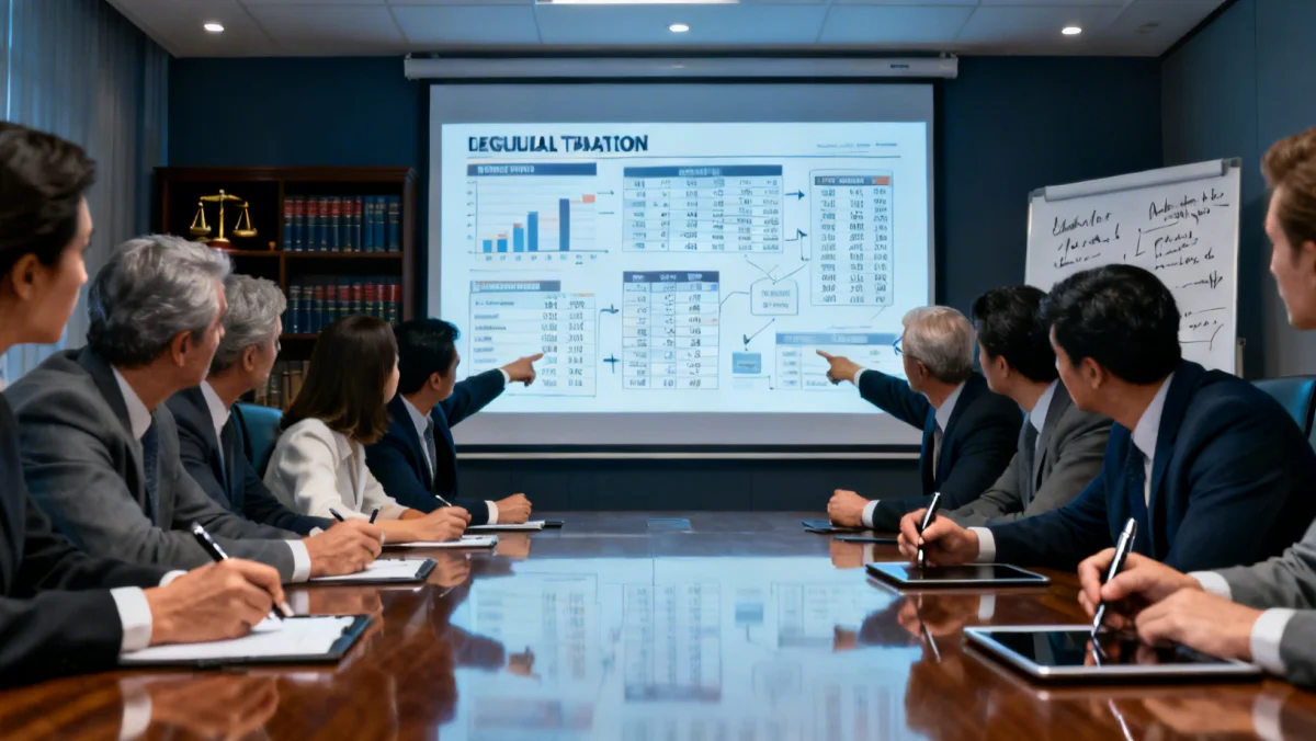 Professionals discussing AI regulatory charts, symbolizing industry response to federal AI regulations.