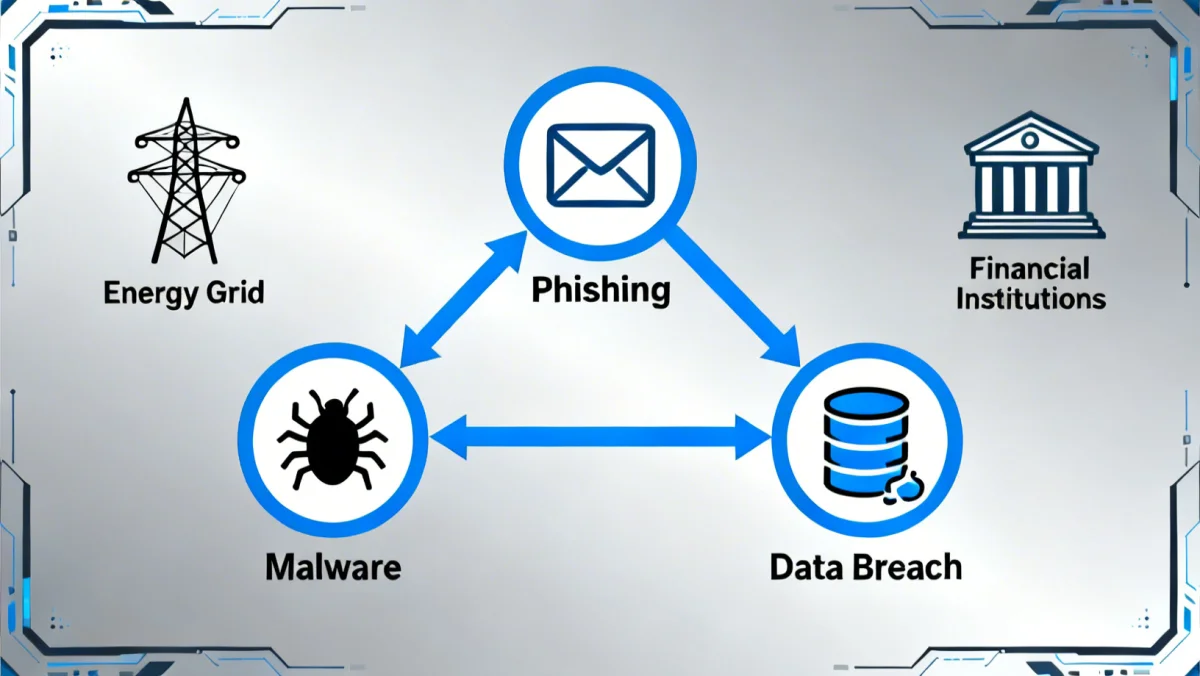 Graphic showing various cyber attack types targeting critical infrastructure.