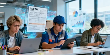 Freelancers navigating complex tax forms in a modern co-working space, representing 2026 gig economy tax law changes.
