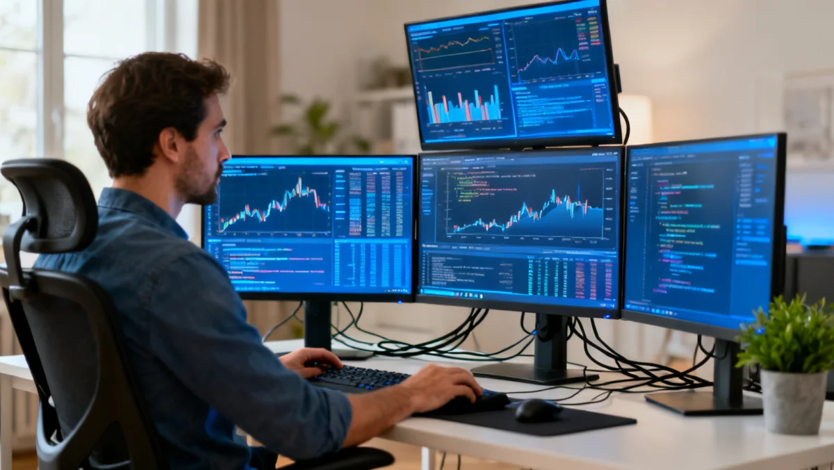 Data scientist analyzing complex data in a home office setup.