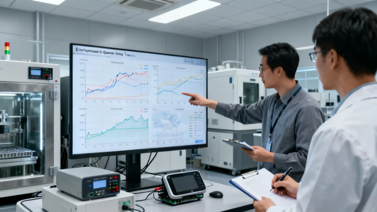 Engineers analyzing environmental stress test data in a product development lab