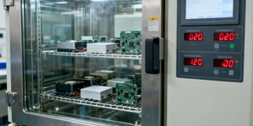 Advanced environmental testing chamber subjecting electronic products to extreme conditions for durability assessment