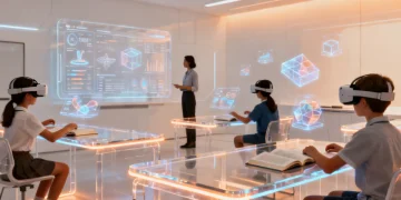 Students engaging with advanced educational technology in a futuristic classroom setting.