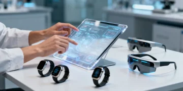 Hands interacting with futuristic transparent tablet, surrounded by sleek unreleased tech gadgets, symbolizing early access and product testing.