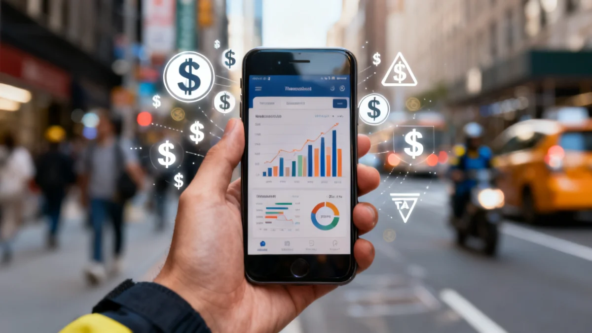 Smartphone displaying financial app, representing a gig worker managing income and taxes.