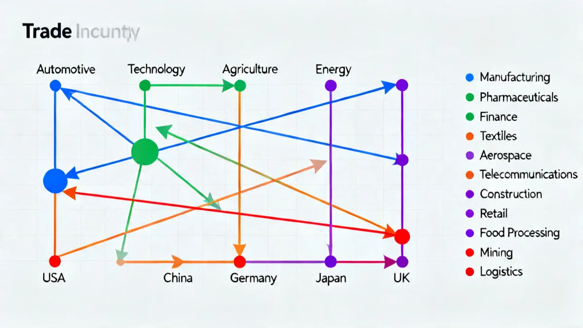 Infographic illustrating global trade flows and economic impact on 15 key industries