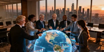 International business leaders discussing global trade policy changes around an illuminated globe