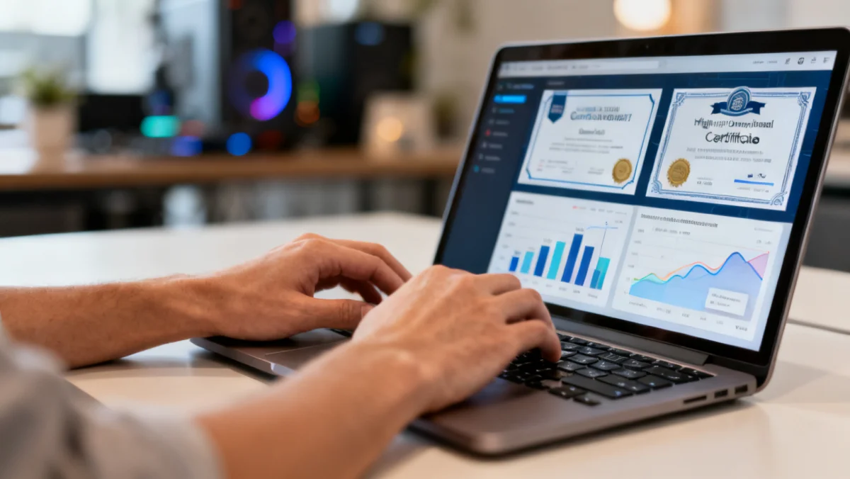 Hands typing on laptop with digital certifications and data dashboards