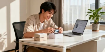 Person unboxing new tech product at a home office desk, symbolizing successful product testing