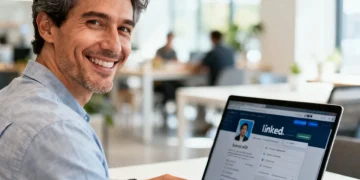 Professional optimizing LinkedIn profile on laptop for career growth