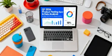 Modern tech gadgets and consumer products with a laptop displaying data for product testing insights.