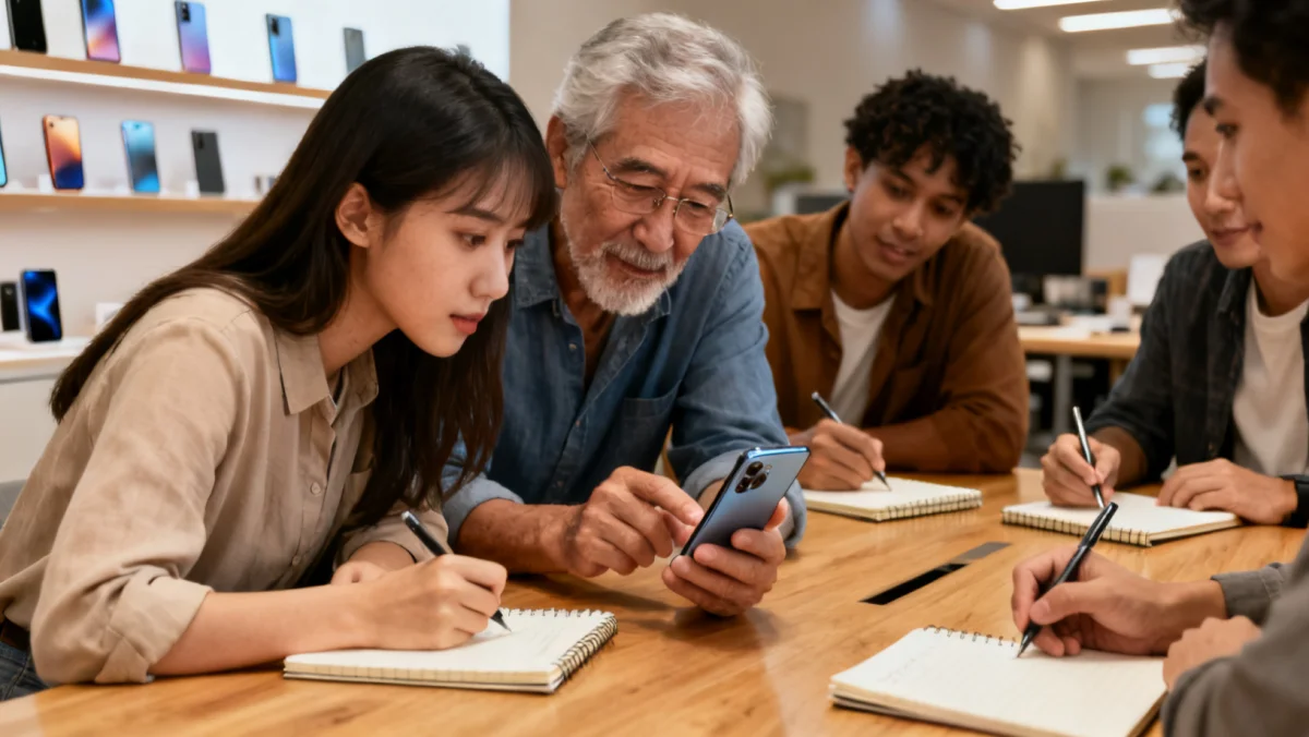 Diverse group of product testers examining a prototype smartphone, engaged in a collaborative discussion.