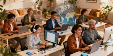 Professionals working remotely in modern home offices, diverse team collaborating virtually.