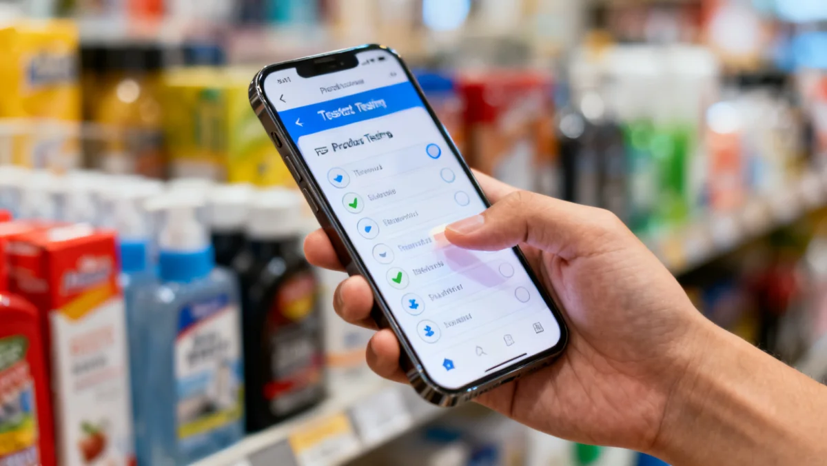 Hand navigating product testing survey on smartphone, surrounded by consumer products