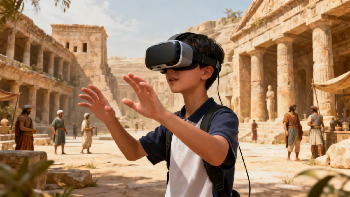 Student immersed in a virtual reality historical simulation, interacting with virtual elements.