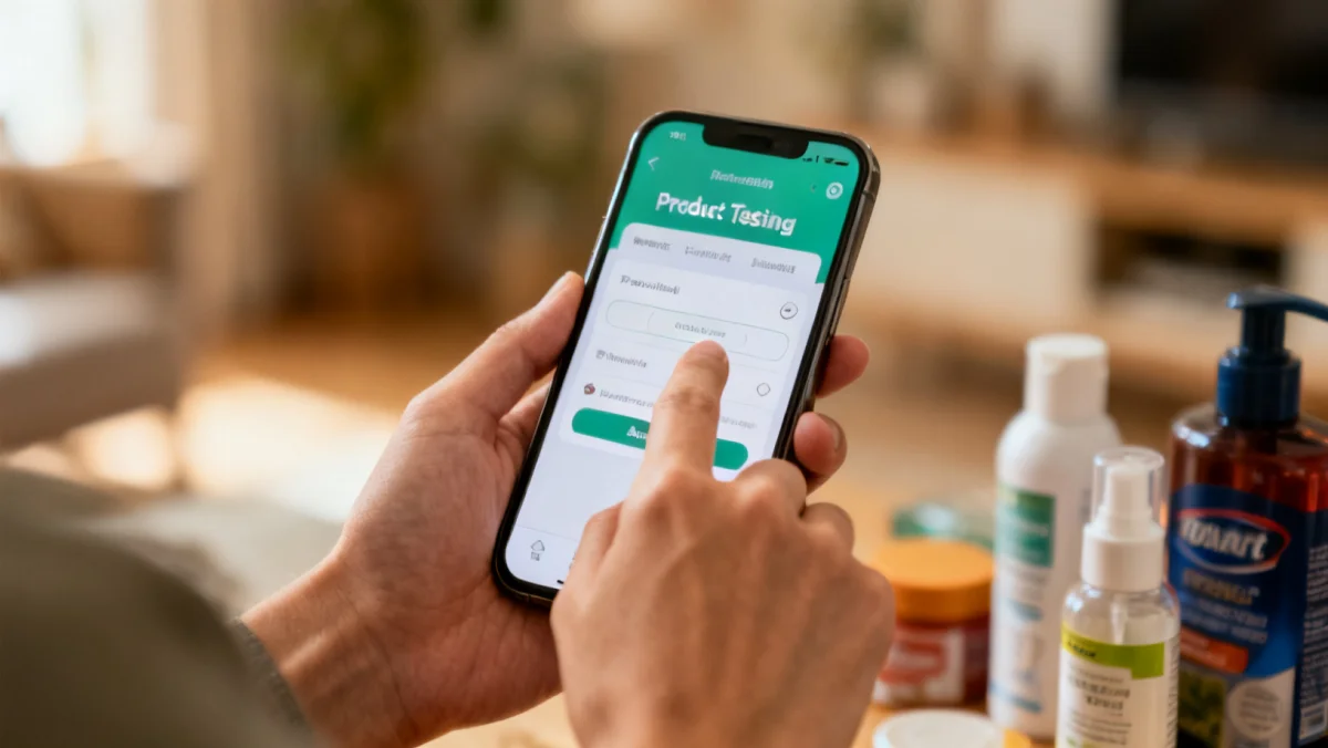 Person interacting with a product testing app on a smartphone, evaluating a consumer product.