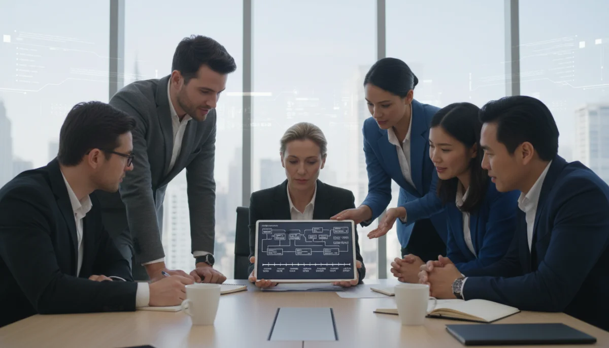 Business professionals reviewing cybersecurity compliance documents at a conference table