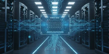 Secure server room with glowing data lines and a calendar highlighting March 2026