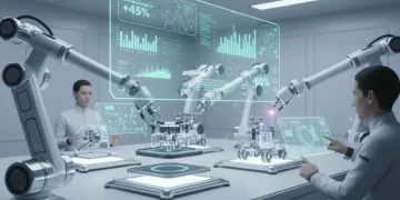 Futuristic AI lab with robotic arms testing products, showing reduced test cycles