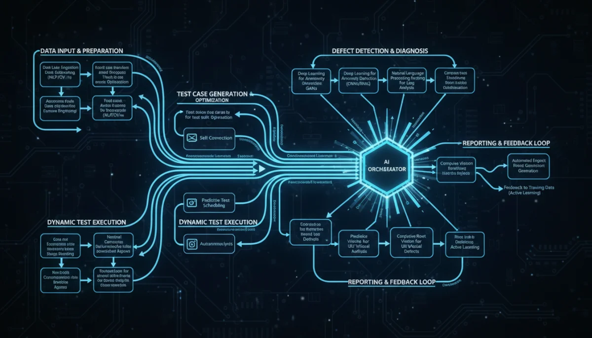 Complex network diagram showing AI systems optimizing product testing pipeline
