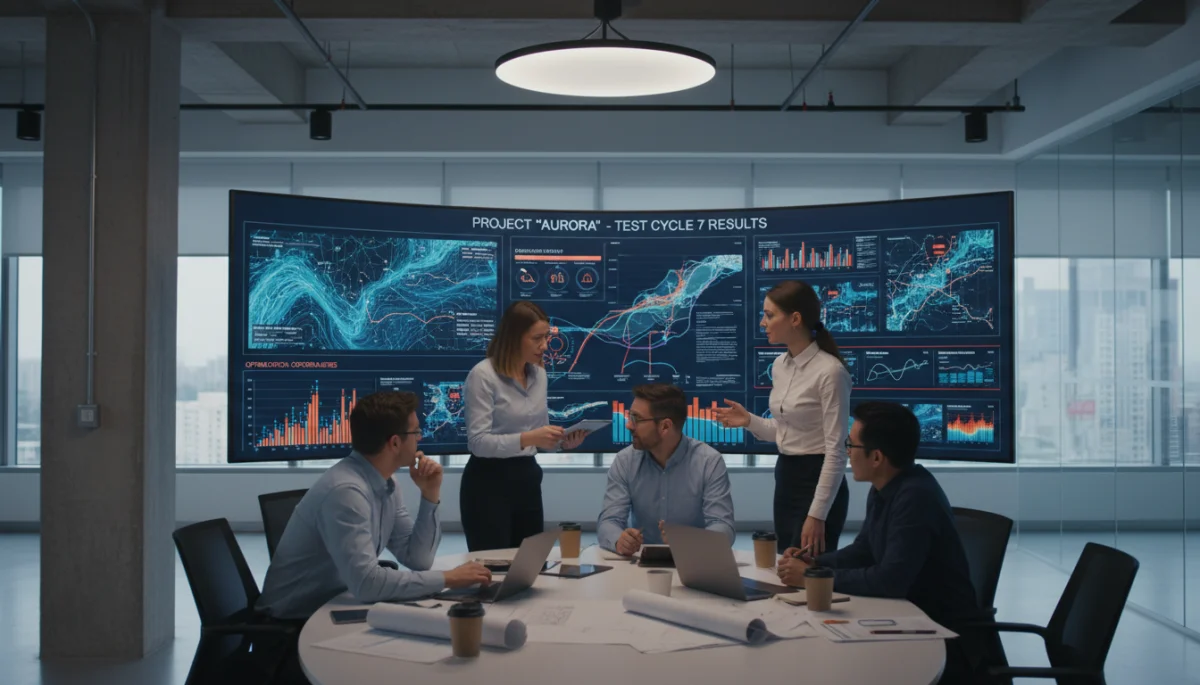Engineering team analyzing product performance data on a large screen