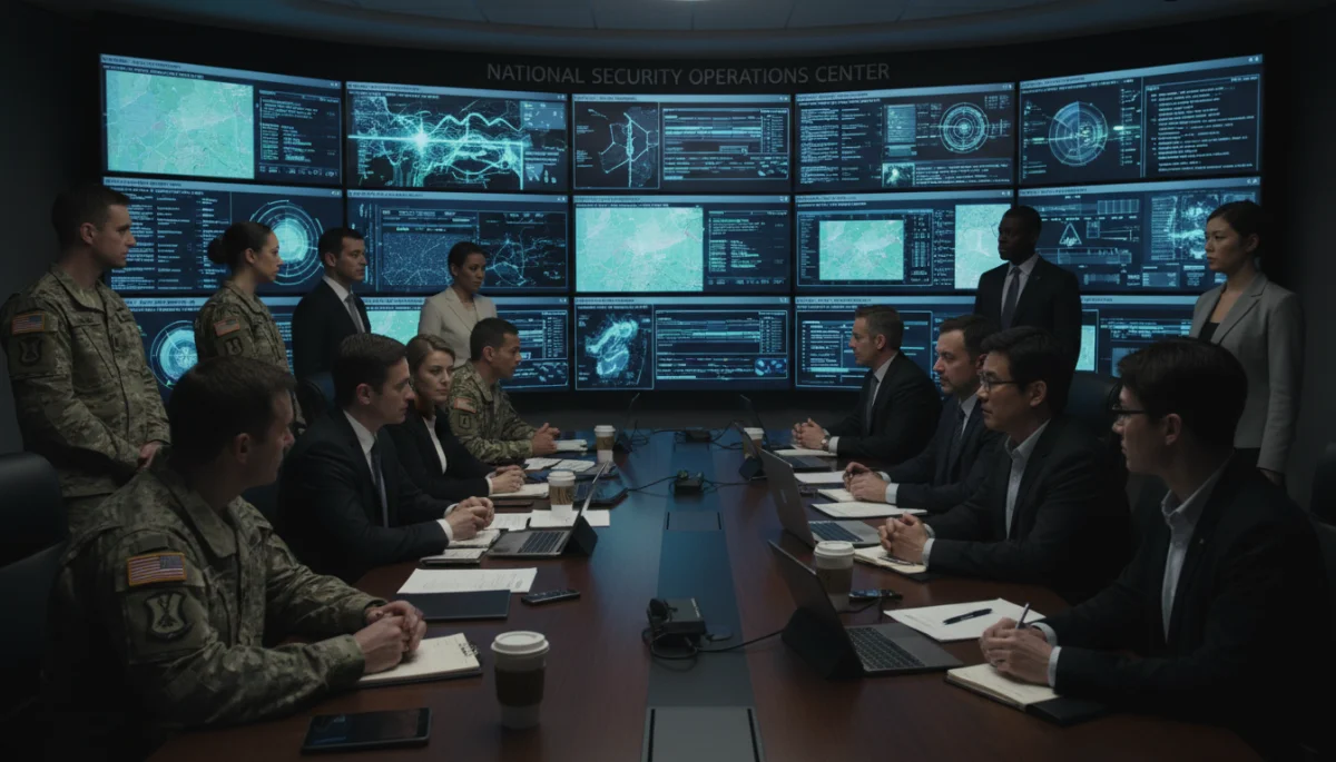 Intelligence analysts reviewing national security data in a high-tech conference room