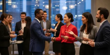 Professionals networking, shaking hands at a career event